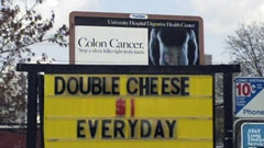 Juxtaposition of colon cancer PSA and double cheese ad